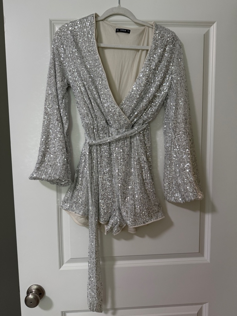 SHEIN silver Sequin Wrap Romper